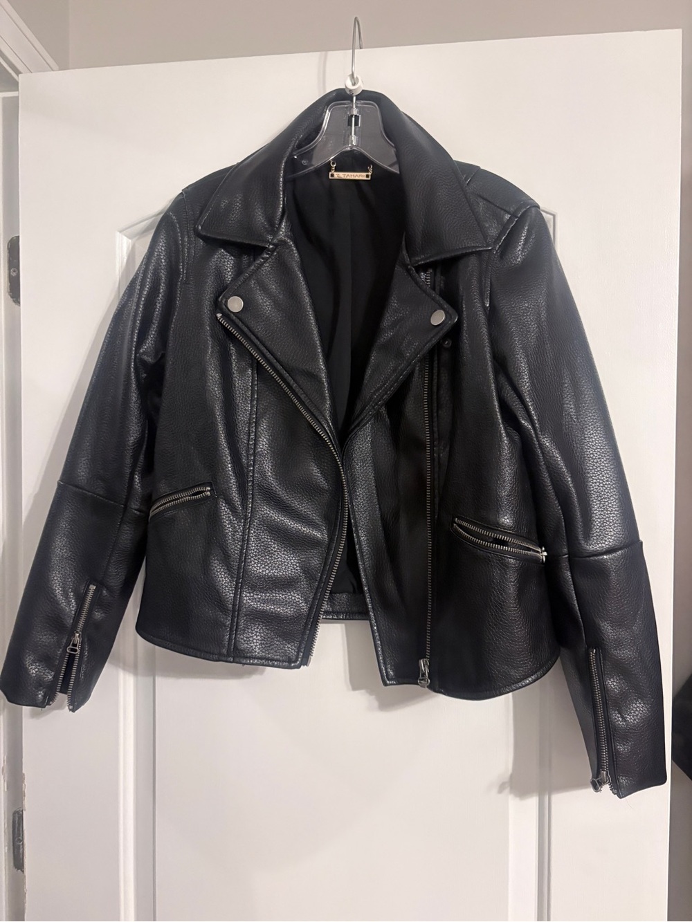 T Tahari Black Faux Leather Moto Jacket